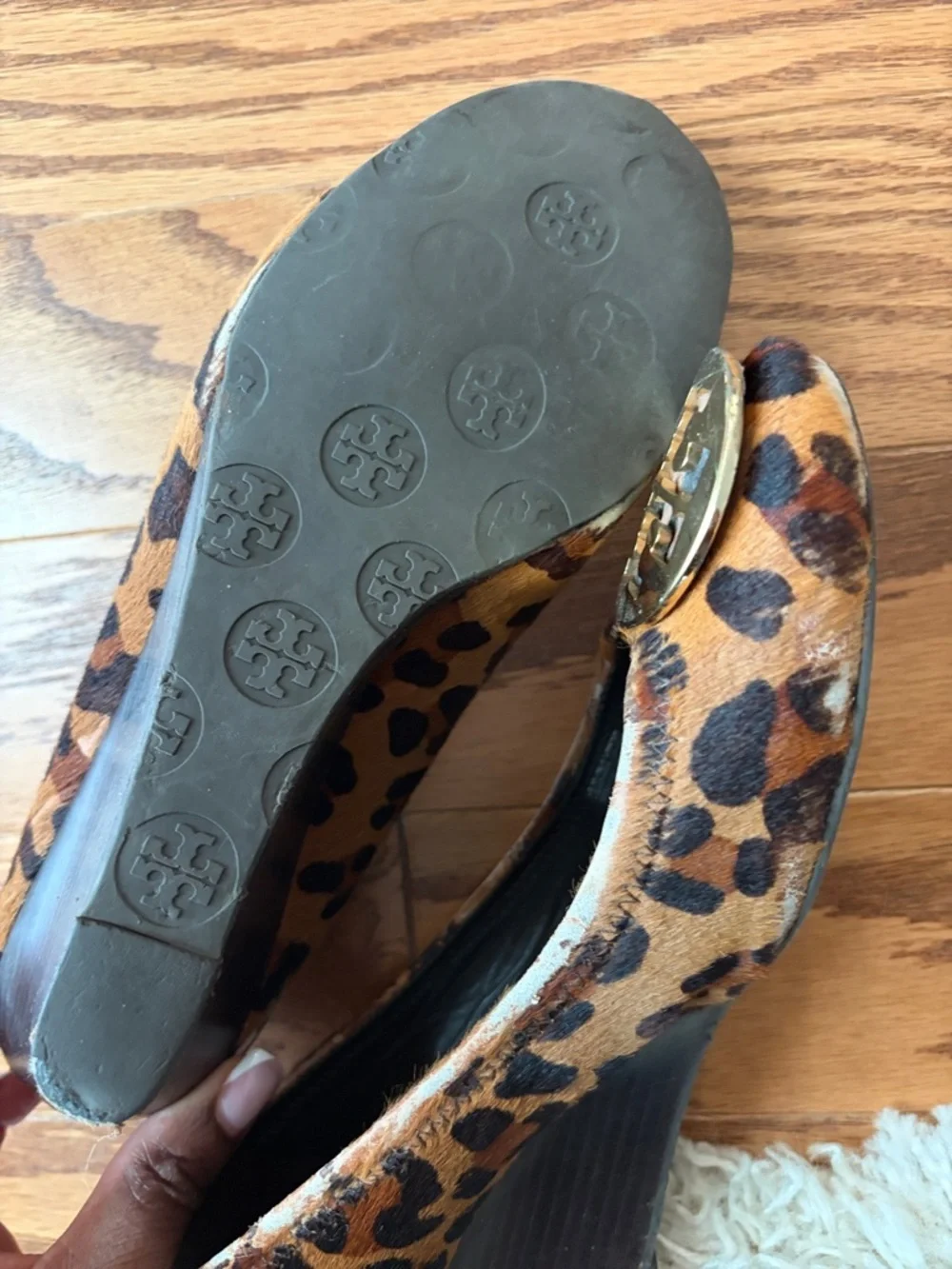 Tory Burch Leopard Print wedges with Gold Logo
